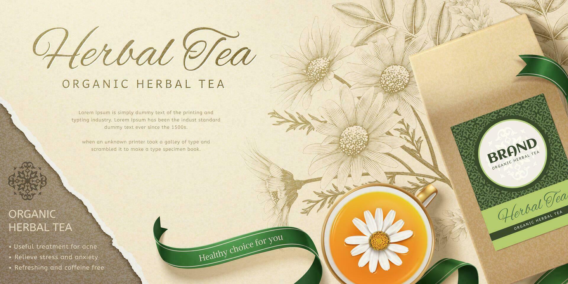 biologico erbaceo tè nel 3d illustrazione con inciso erbe aromatiche sfondo vettore