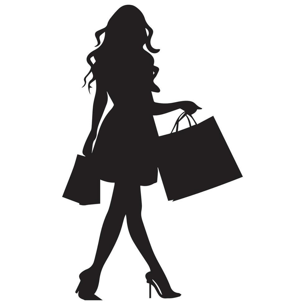un' contento shopping ragazza con un' lotto di shopping Borsa vettore silhouette.