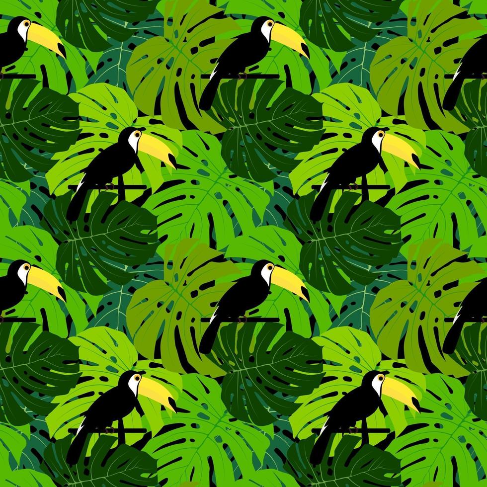 Tropic toucan bird e palm leaf seamless pattern design di sfondo vettore