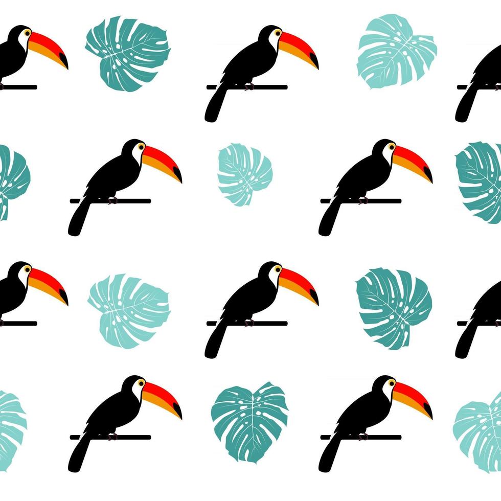 Tropic toucan bird e palm leaf seamless pattern design di sfondo vettore