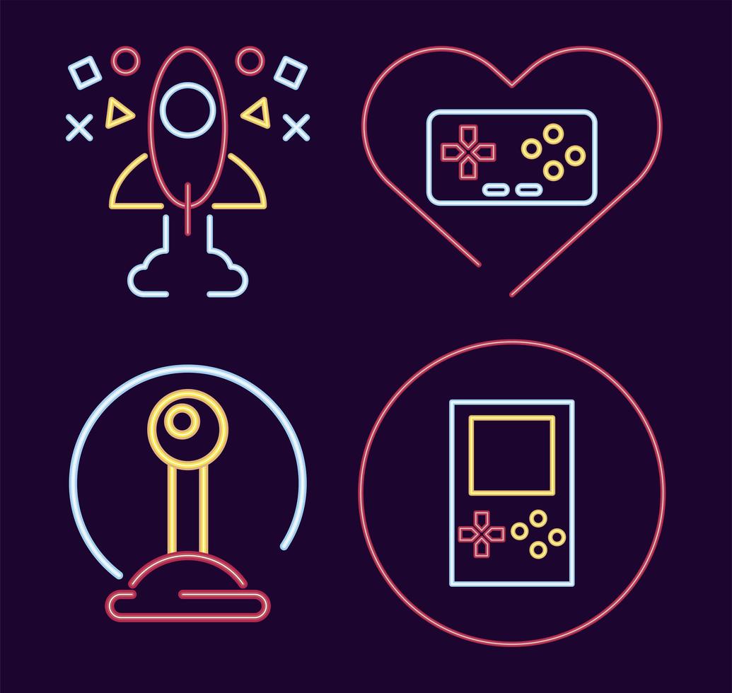 pacchetto di quattro icone in stile neon di videogiochi vettore