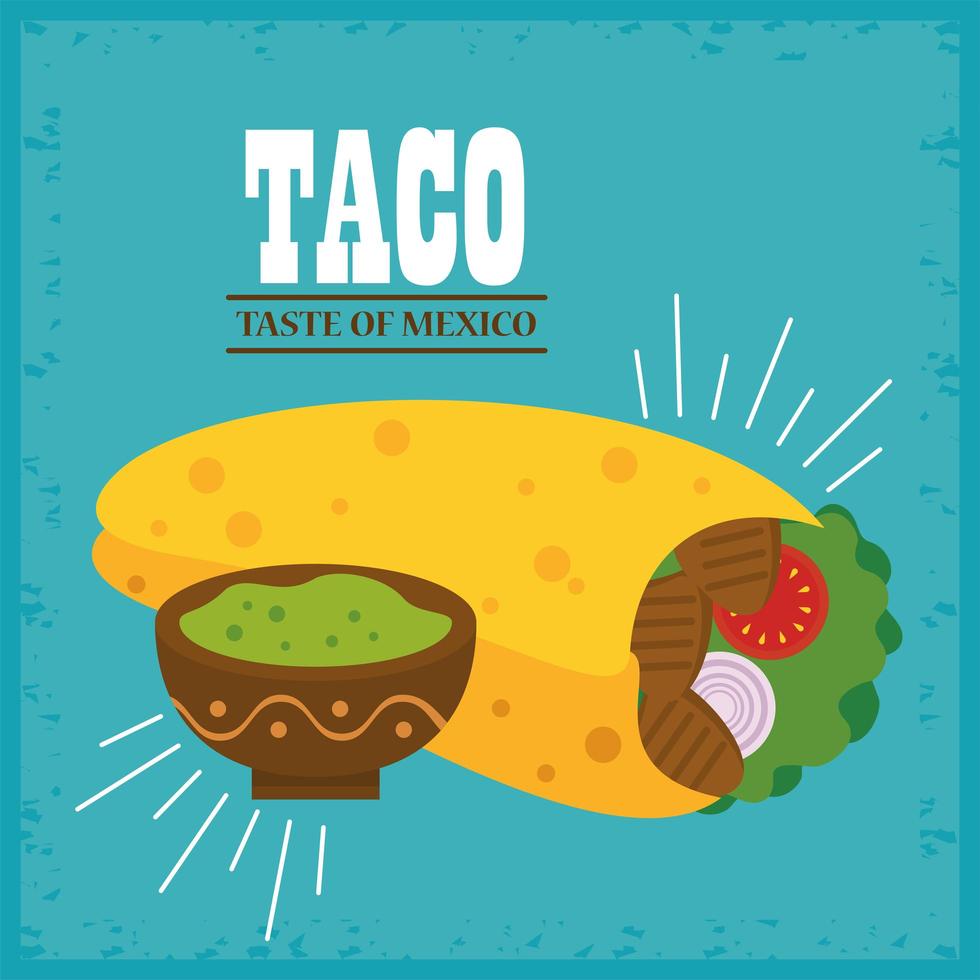 poster messicano di celebrazione del giorno di taco con salsa guacamole vettore