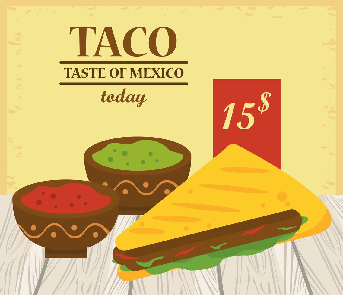 poster messicano di celebrazione del giorno di taco con salse di pomodoro e guacamole vettore