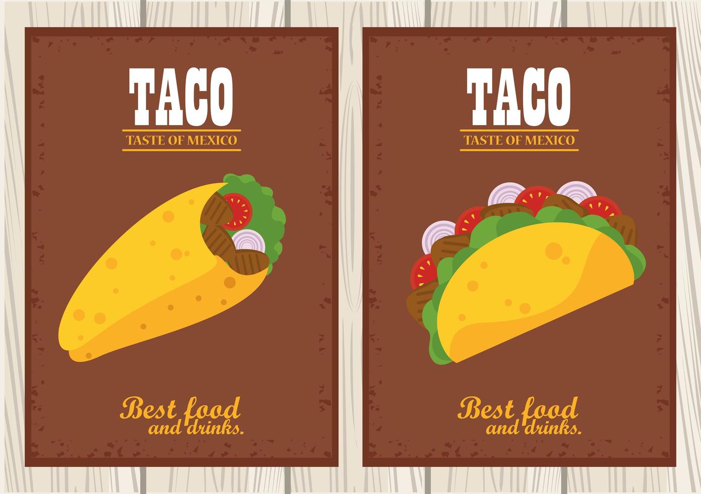 poster messicano di celebrazione del giorno di taco con tacos e scritte in fondo in legno vettore