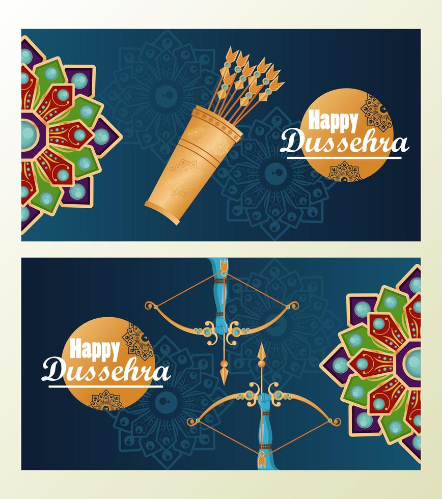 felice celebrazione dussehra card con mandala e frecce in sfondo blu vettore