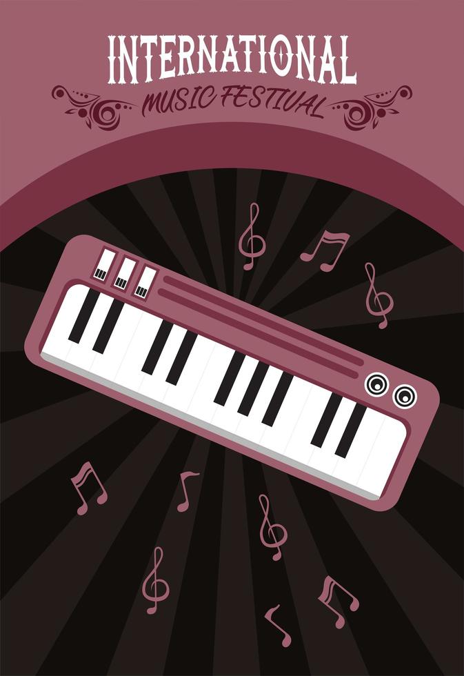 manifesto del festival musicale internazionale con pianoforte a sfondo nero vettore