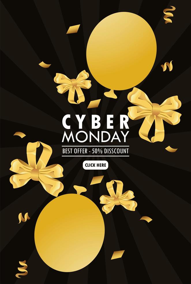 poster di vacanza cyber lunedì con elio palloncini dorati e fiocchi di nastri vettore