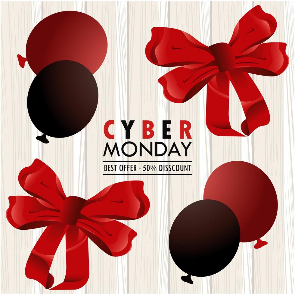 poster di vacanza cyber lunedì con palloncini rossi elio e nastri di fiocchi vettore