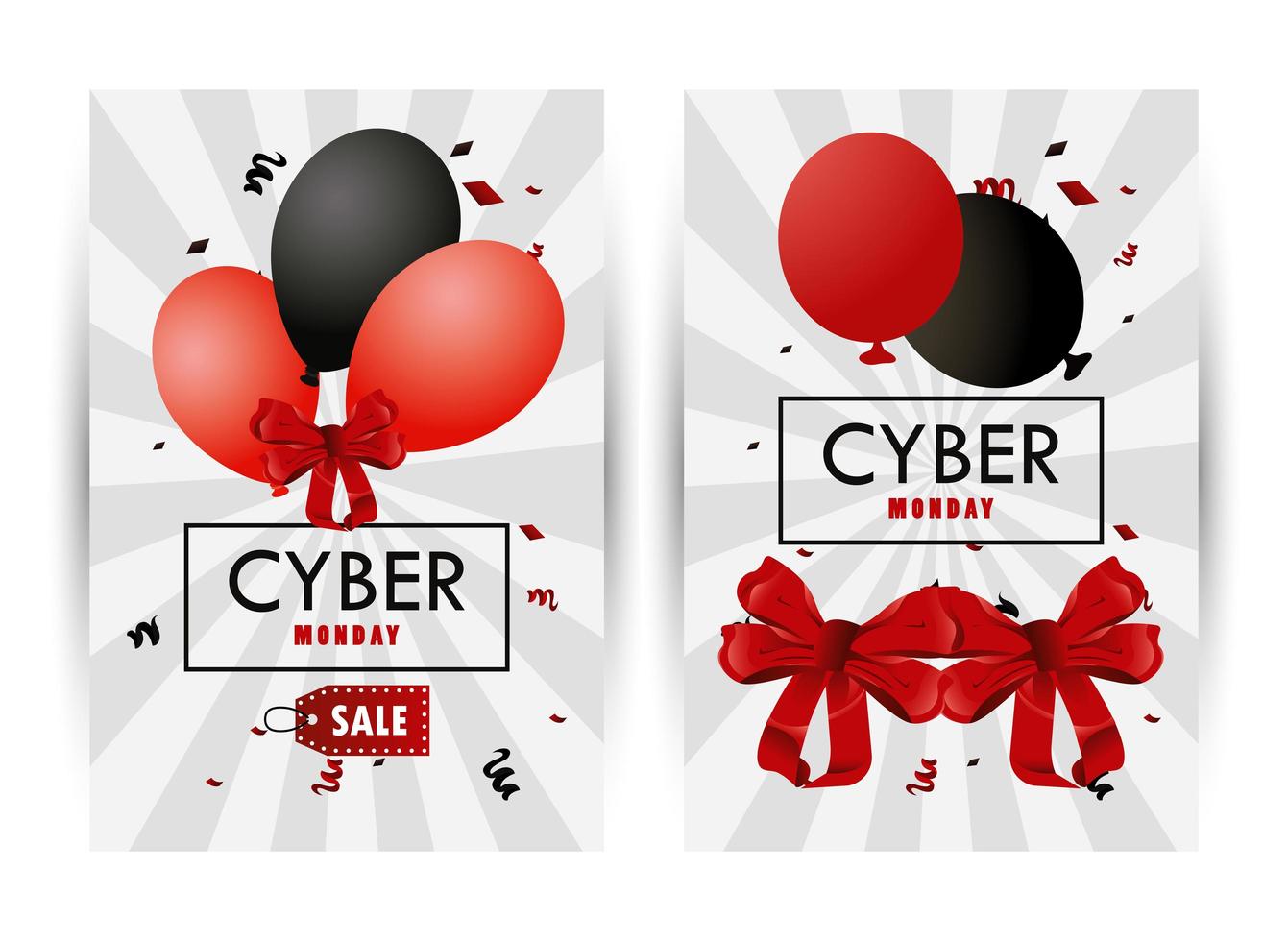 poster di vacanza cyber lunedì con cornici di elio di palloncini di colori rosso e nero vettore