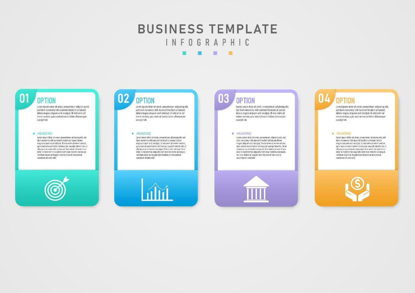 Infografica attività commerciale pianificazione opzioni Multi colore piazza semplice modello bianca icona sotto, superiore sinistra angolo numeri, centro lettere su bianca sfondo, grigio pendenza sfondo. vettore