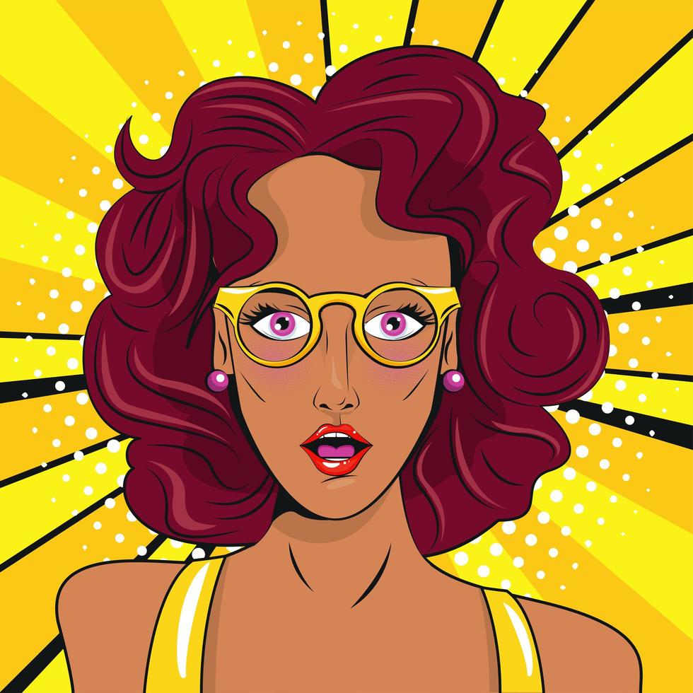 bella donna bruna che indossa occhiali da vista poster in stile pop art vettore