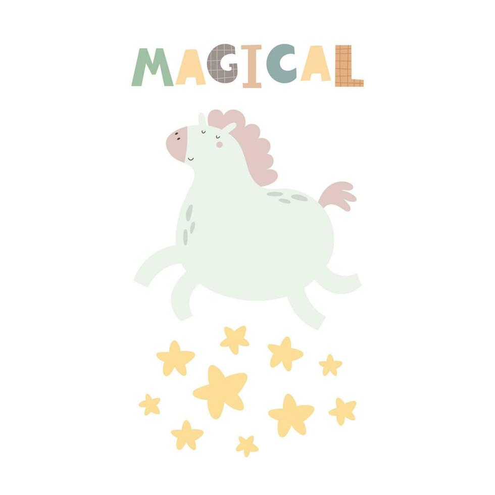 magico. cartone animato unicorno, mano disegno scritte, arredamento elementi. colorato vettore illustrazione per bambini, piatto stile