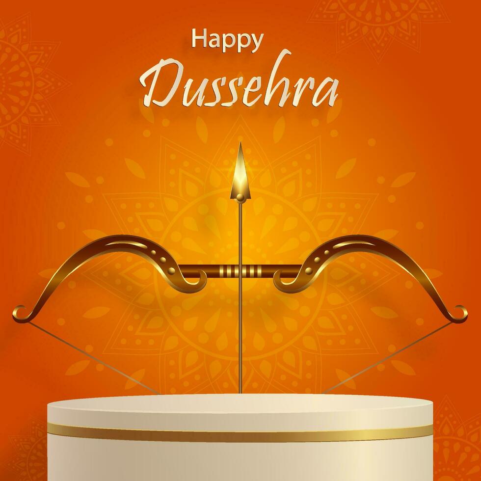 3d podio il giro palcoscenico stile, per Dussehra Festival celebrazione, il indiano illustrazione di signore rama simboli con orientale elementi vettore