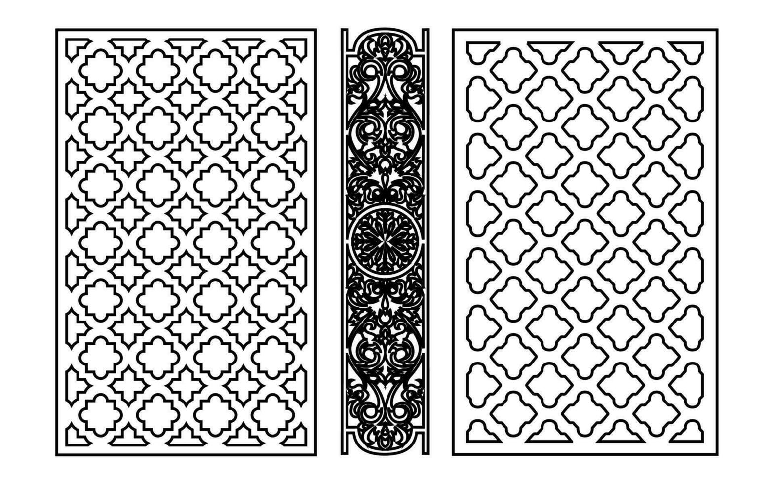 decorativo nero modelli con bianca sfondo, geometrico, islamico e floreale modello per cnc laser taglio vettore