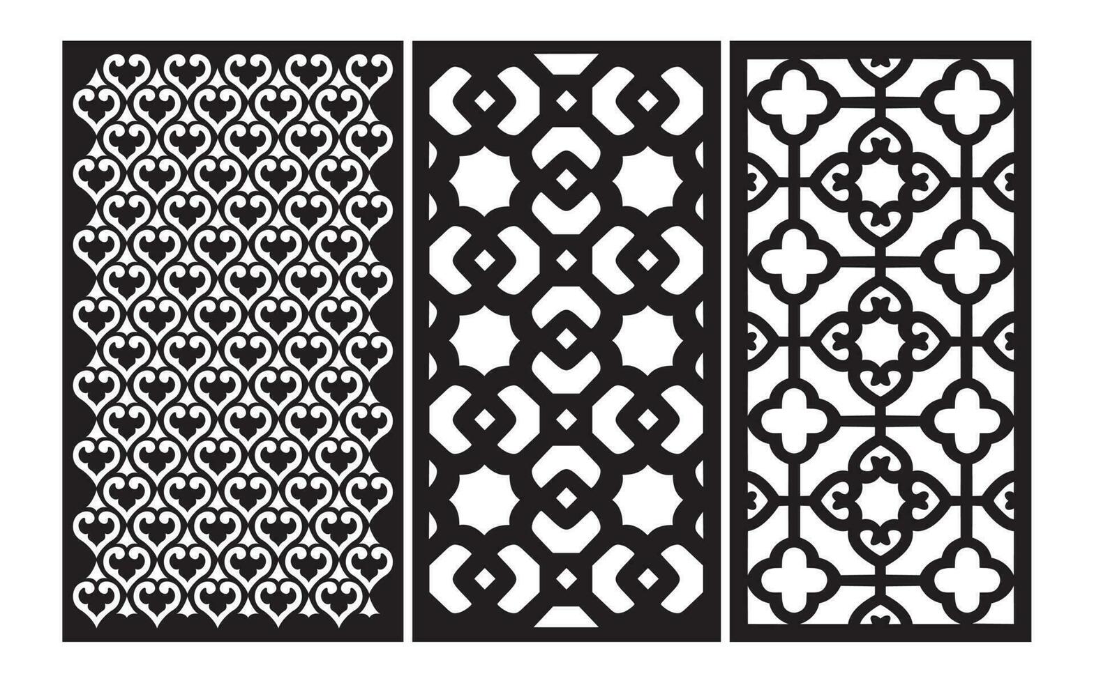 decorativo nero modelli con bianca sfondo, geometrico, islamico e floreale modello per cnc laser taglio vettore