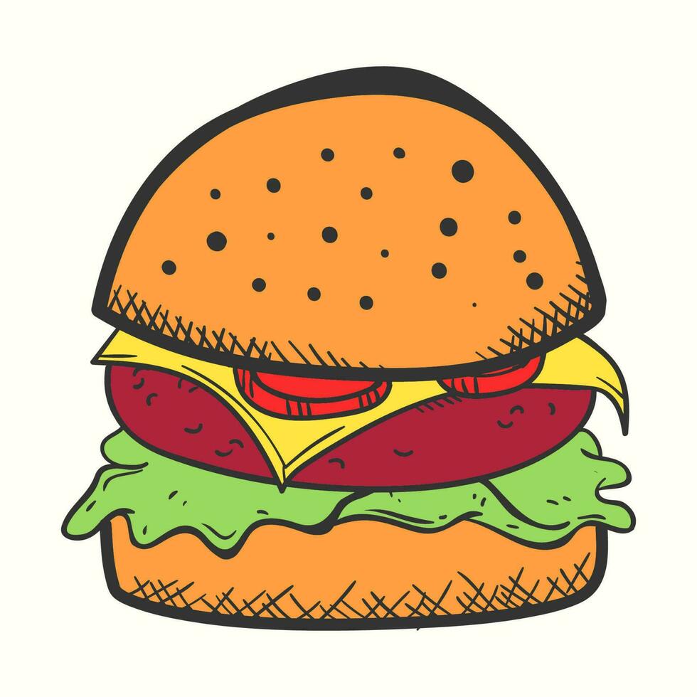 disegnato a mano hamburger illustrazione con pomodoro formaggio carne e insalata nel scarabocchio stile vettore