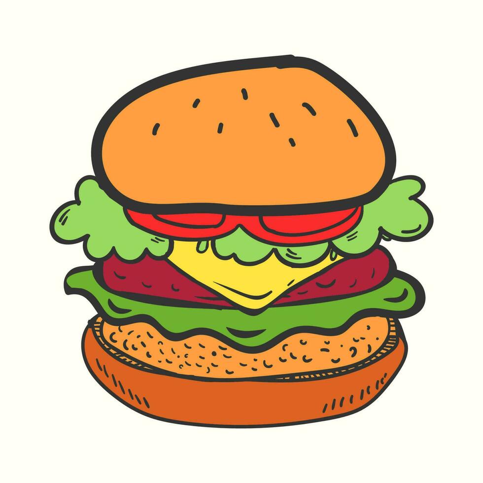 un' grande disegnato a mano hamburger illustrazione con carne, insalata e formaggio vettore