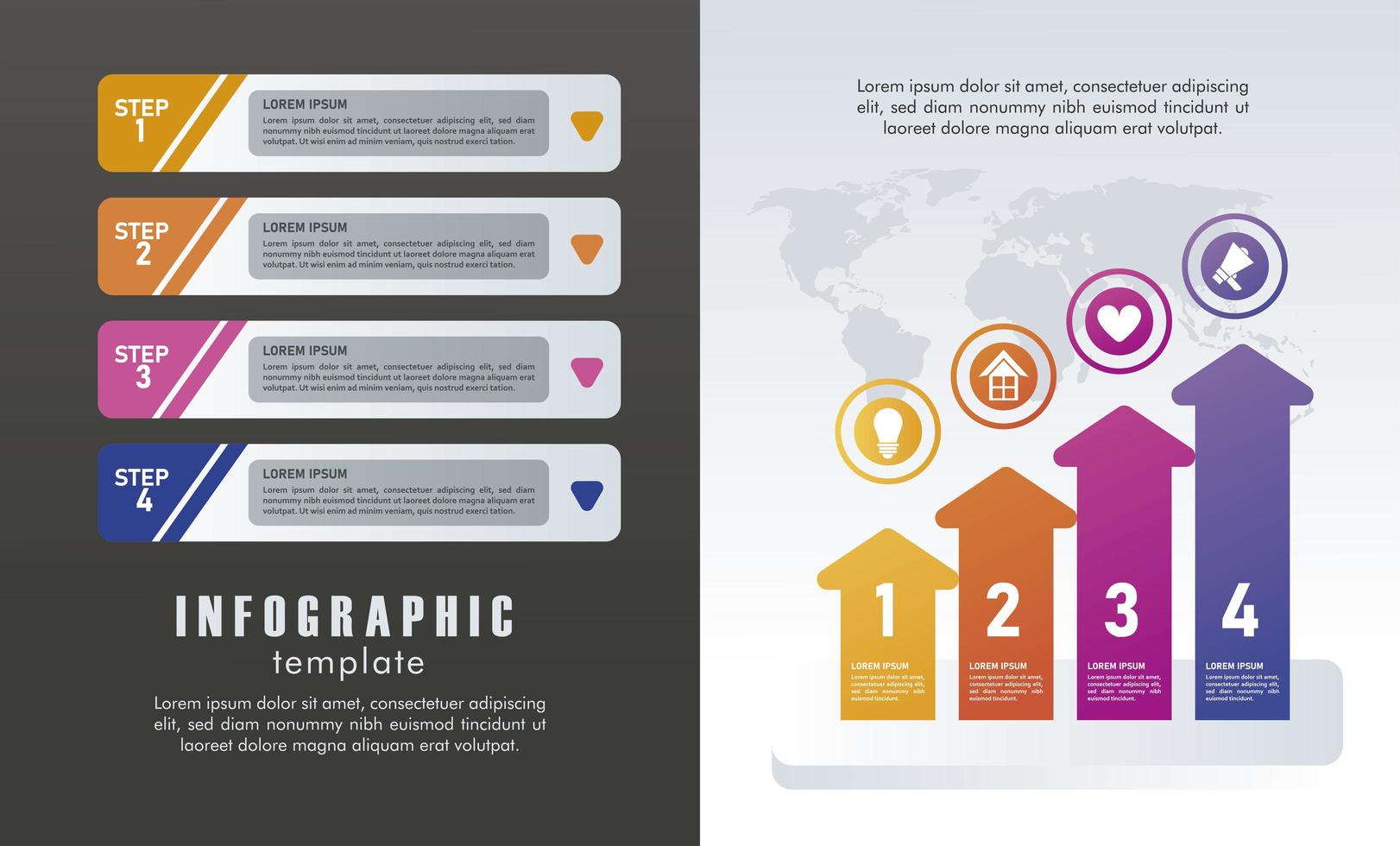 statistiche infografica passaggi con numeri e frecce in sfondo grigio e nero vettore