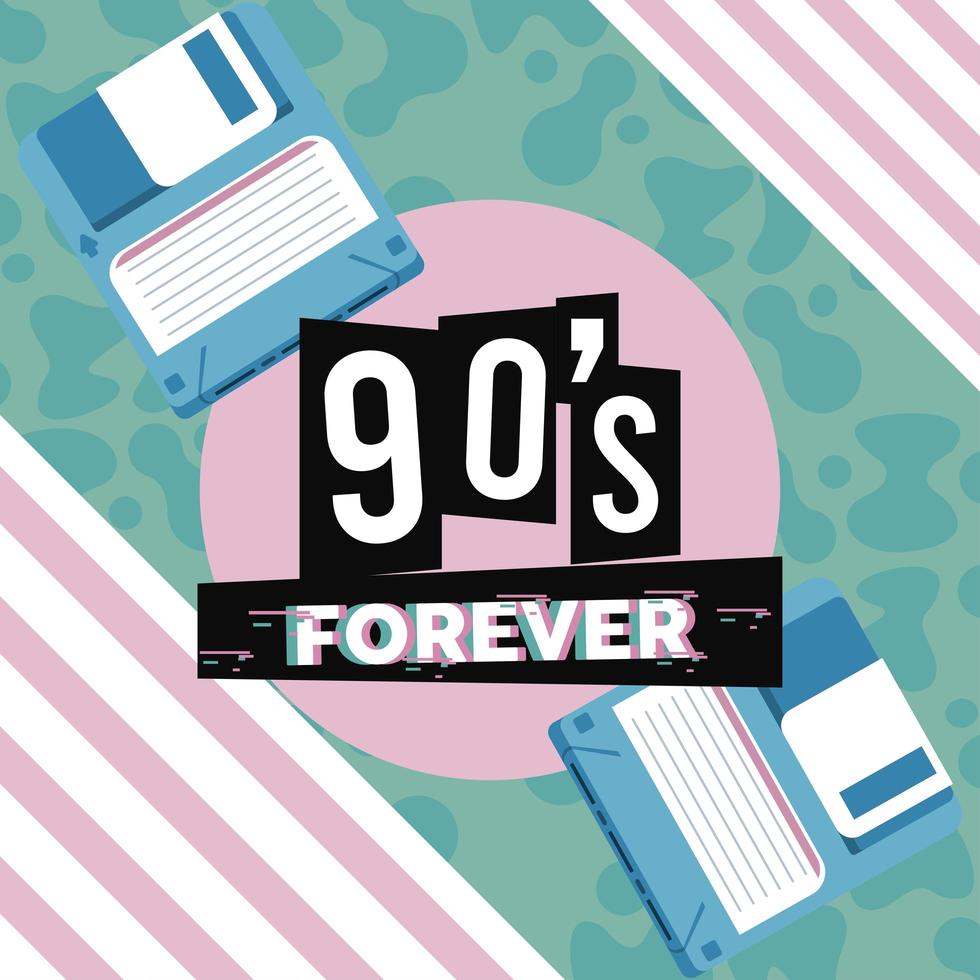90s per sempre scritte con floppy disk in sfondo astratto vettore