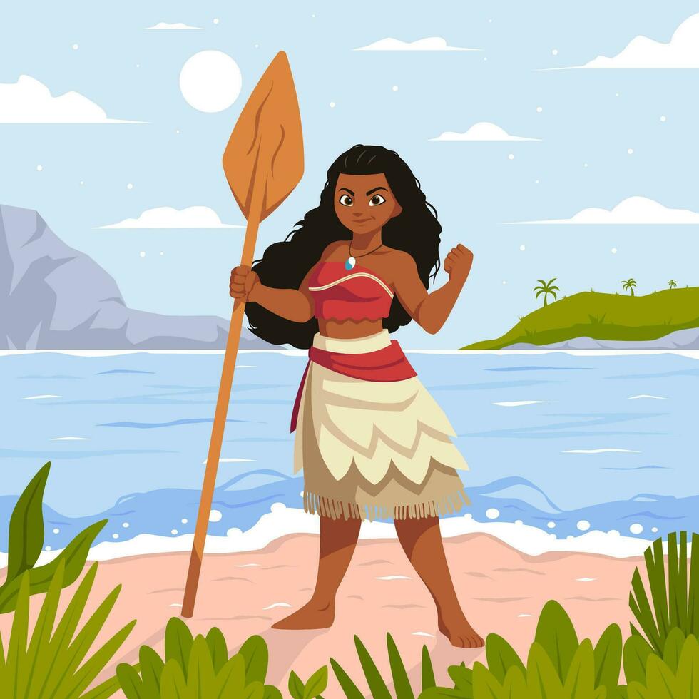 hawaiano ragazza Tenere pagaia nel il spiaggia vettore
