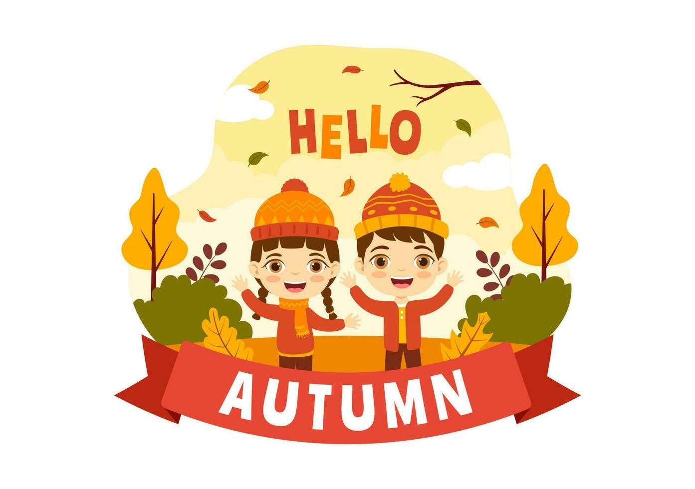 autunno vettore illustrazione bambini panoramico di montagne e acero alberi caduto con giallo fogliame nel cartone animato mano disegnato atterraggio pagina modelli