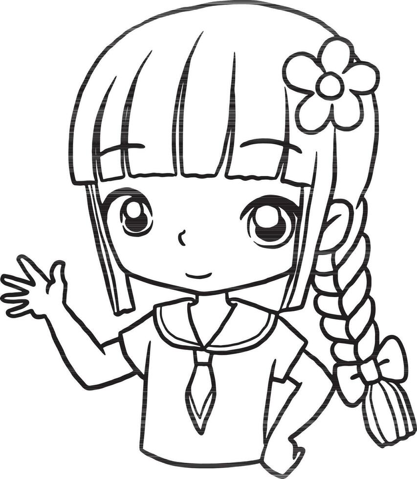 treccia ragazza cartone animato scarabocchio kawaii anime colorazione pagina carino illustrazione disegno personaggio chibi manga comico vettore