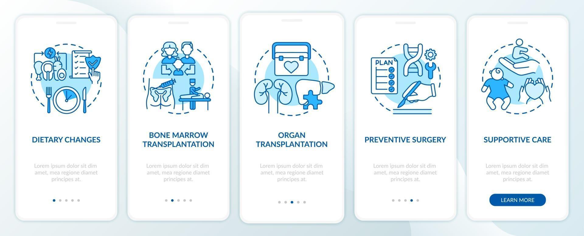 schermata della pagina dell'app mobile di onboarding blu per il trattamento delle malattie genetiche con concetti vettore