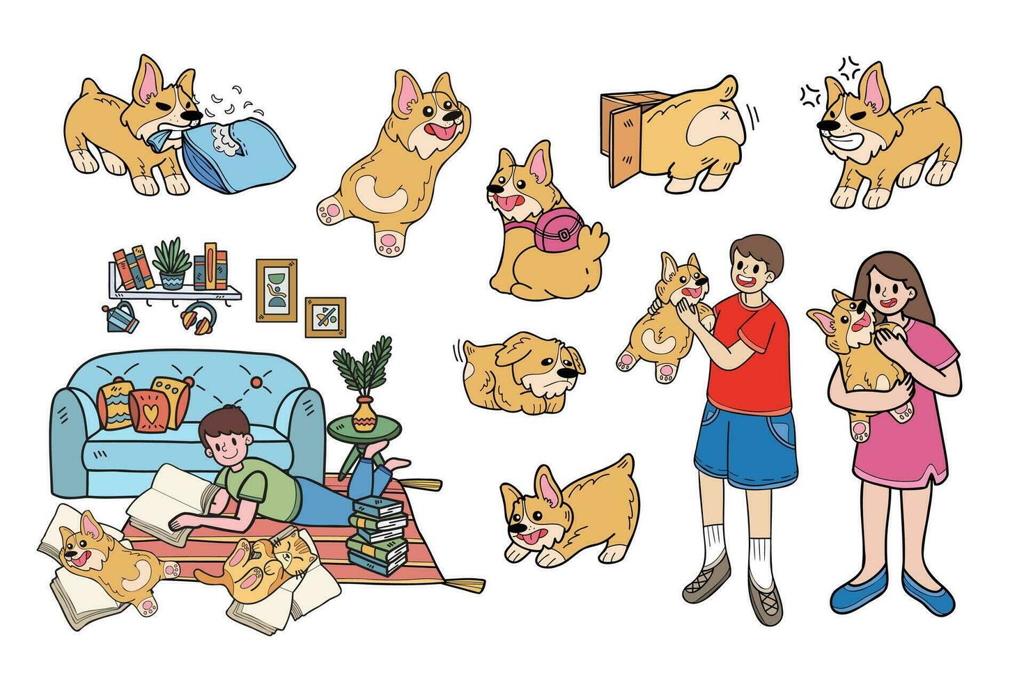 mano disegnato cane e famiglia collezione nel piatto stile illustrazione per attività commerciale idee vettore