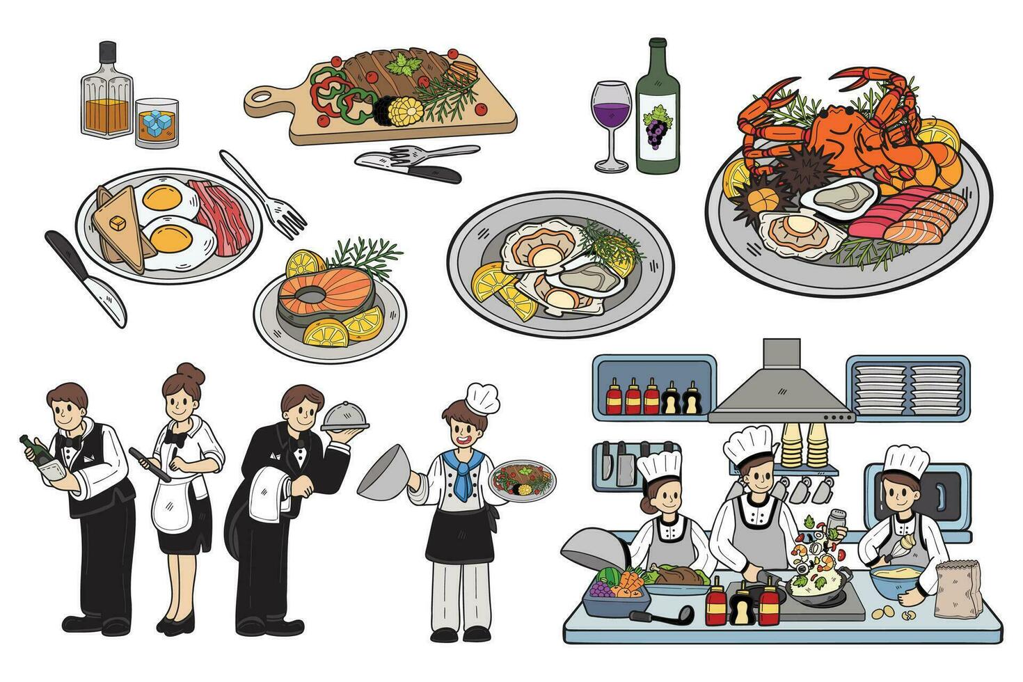 mano disegnato capocuoco con cibo collezione nel piatto stile illustrazione per attività commerciale idee vettore