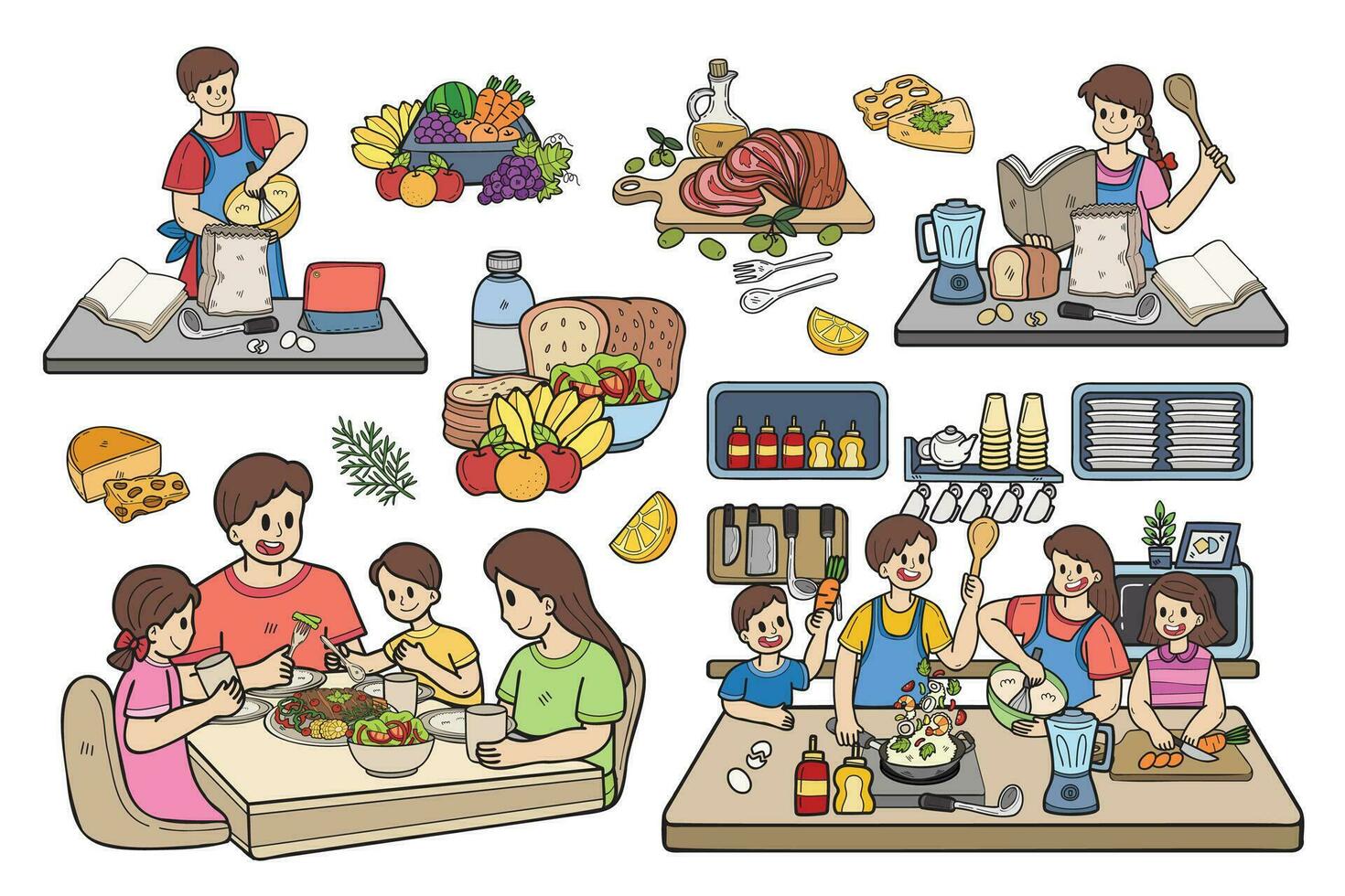 mano disegnato famiglia cucinando collezione nel piatto stile illustrazione per attività commerciale idee vettore