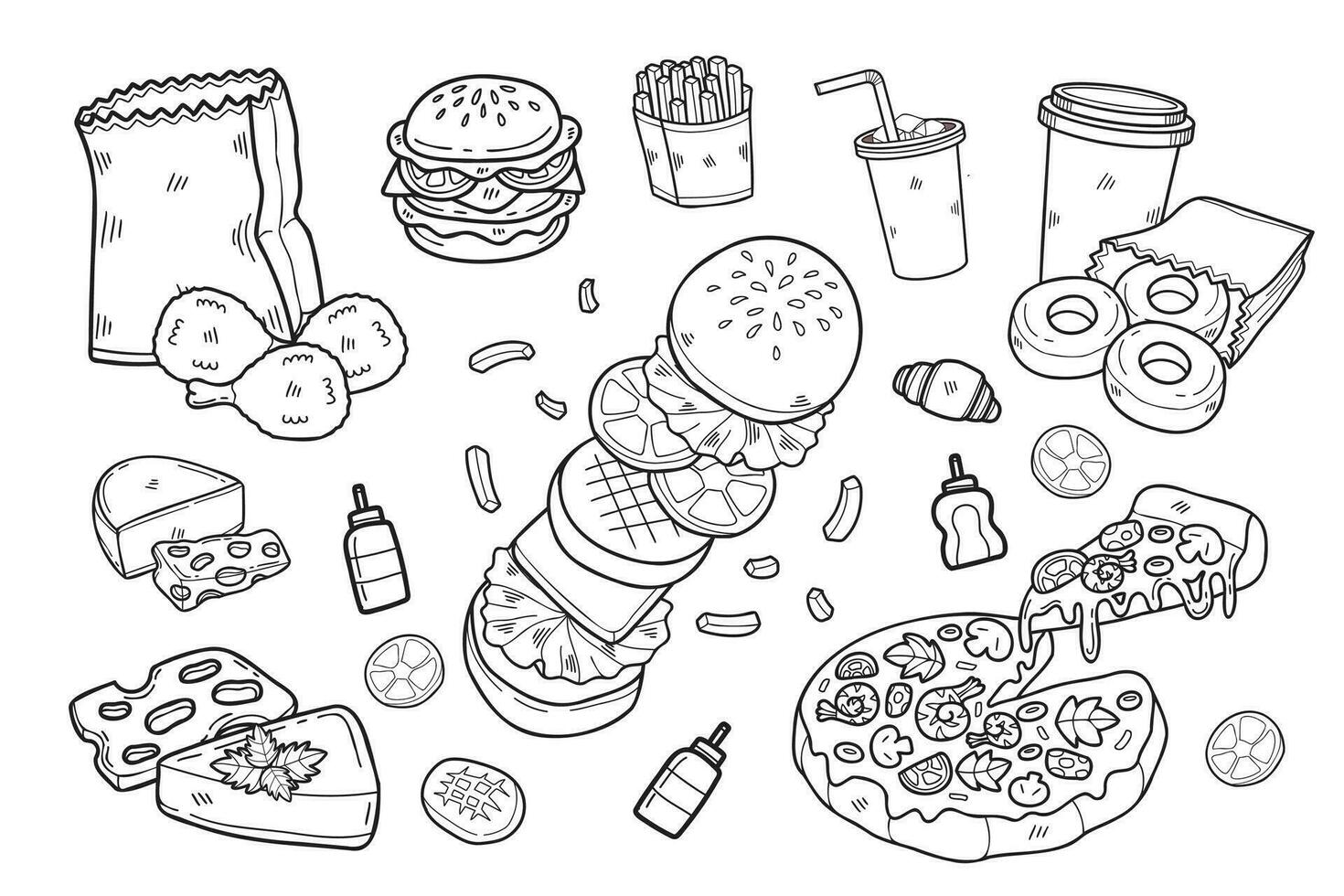 mano disegnato veloce cibo collezione nel piatto stile illustrazione per attività commerciale idee vettore