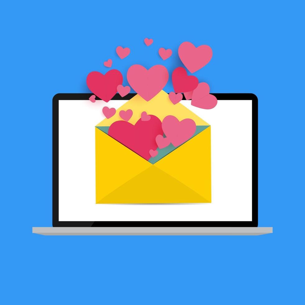 nuova e-mail con cuori sul concetto di notifica dello schermo del laptop vettore