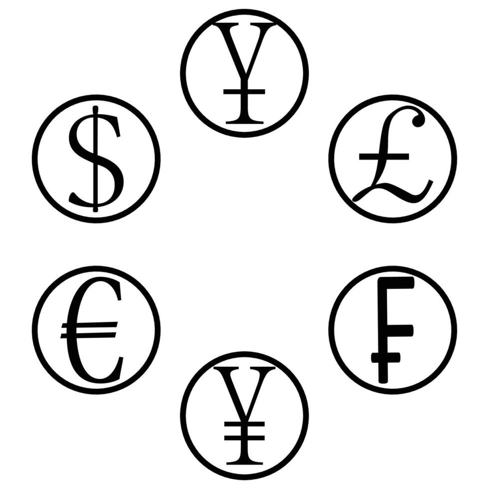 moneta cestino icone. yen e libbra, yuan e euro, Sterlina inglese e Yen giapponese i soldi. vettore illustrazione