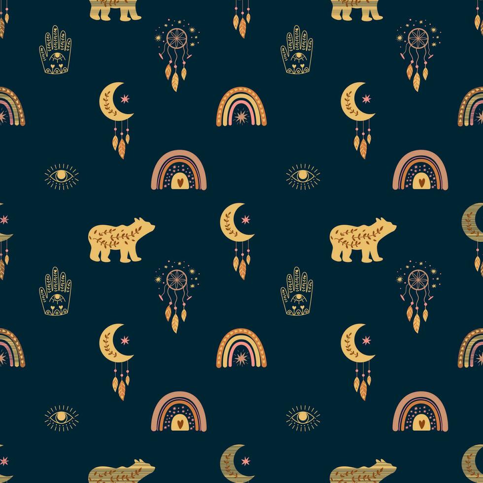 bambini boho senza soluzione di continuità infantile modello boemo orso arcobaleni Luna occhio hamsa mano cacciatore di sogni piuma su buio notte sfondo. carino bambini struttura tessuto avvolgere, tessile, sfondo vettore illustrazione.