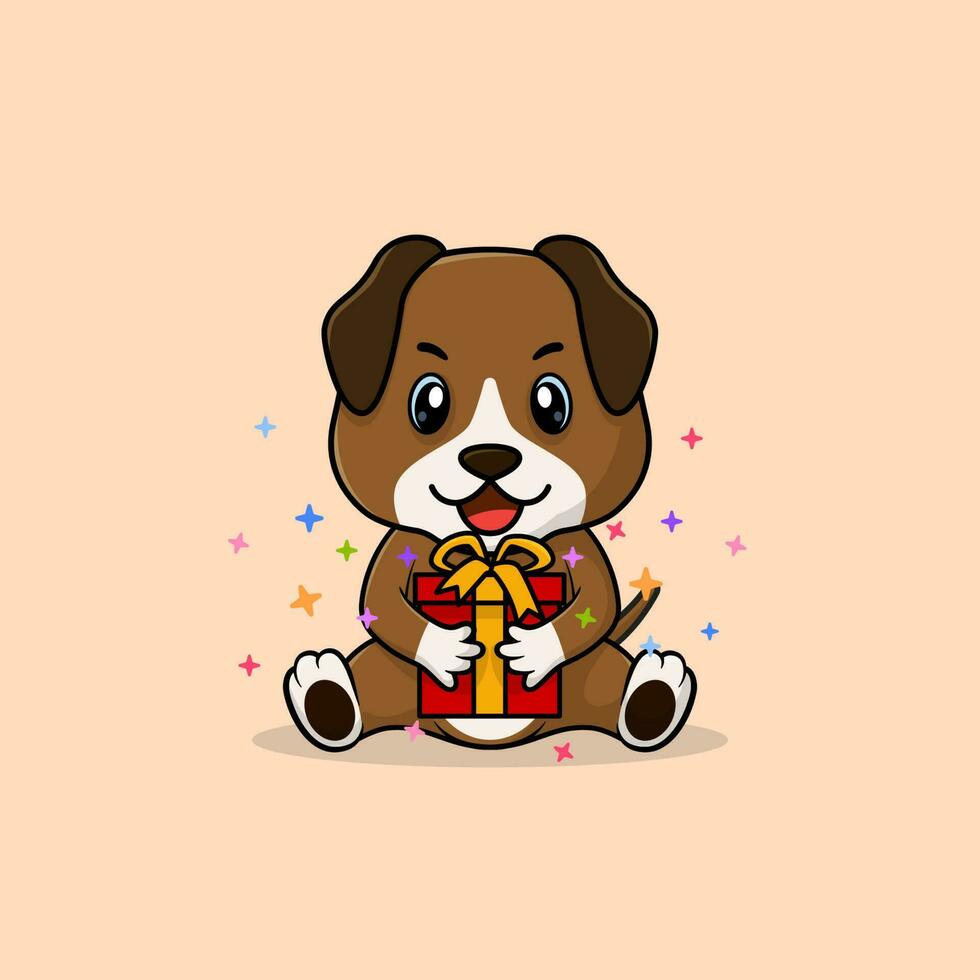 vettore carino bambino cane cartone animato contento Tenere regalo piatto icona illustrazione.