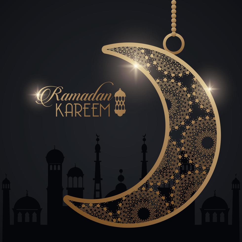 carta di ramadan kareem con luna dorata e taj mahal vettore