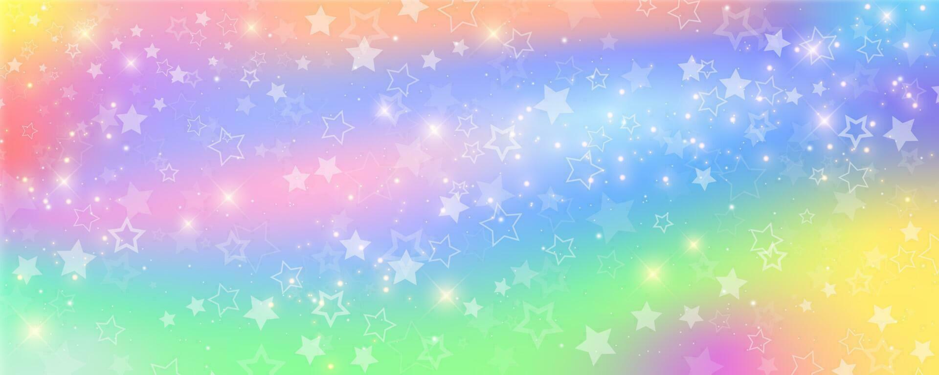 unicorno arcobaleno sfondo con luccichio stelle. carino nagico pastello modello. Magia sognare olografico cielo. vettore
