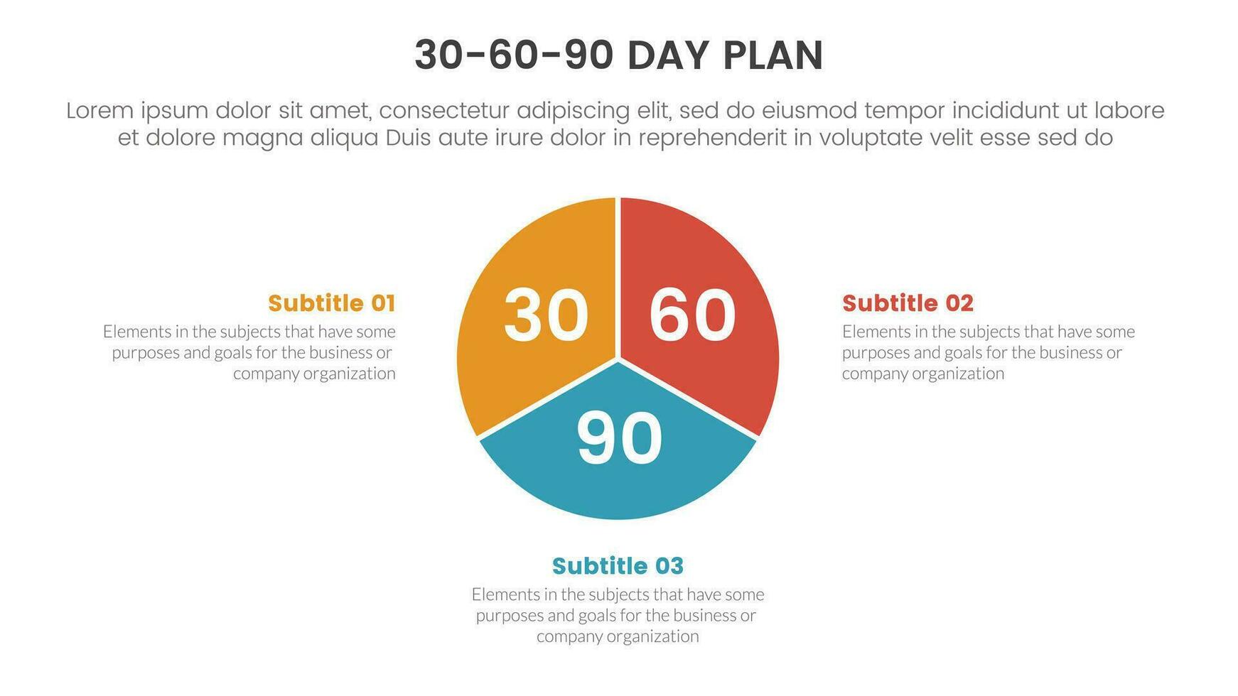 30-60-90 giorno Piano gestione Infografica 3 punto palcoscenico modello con cerchio grafico diagramma concetto per diapositiva presentazione vettore