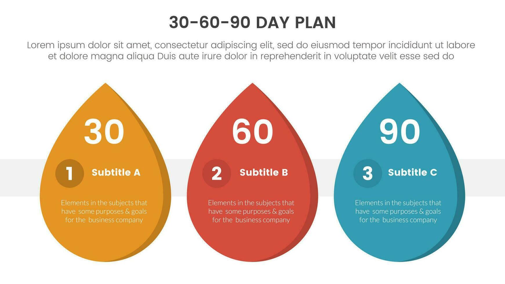 30-60-90 giorno Piano gestione Infografica 3 punto palcoscenico modello con goccia d'acqua forma concetto per diapositiva presentazione vettore
