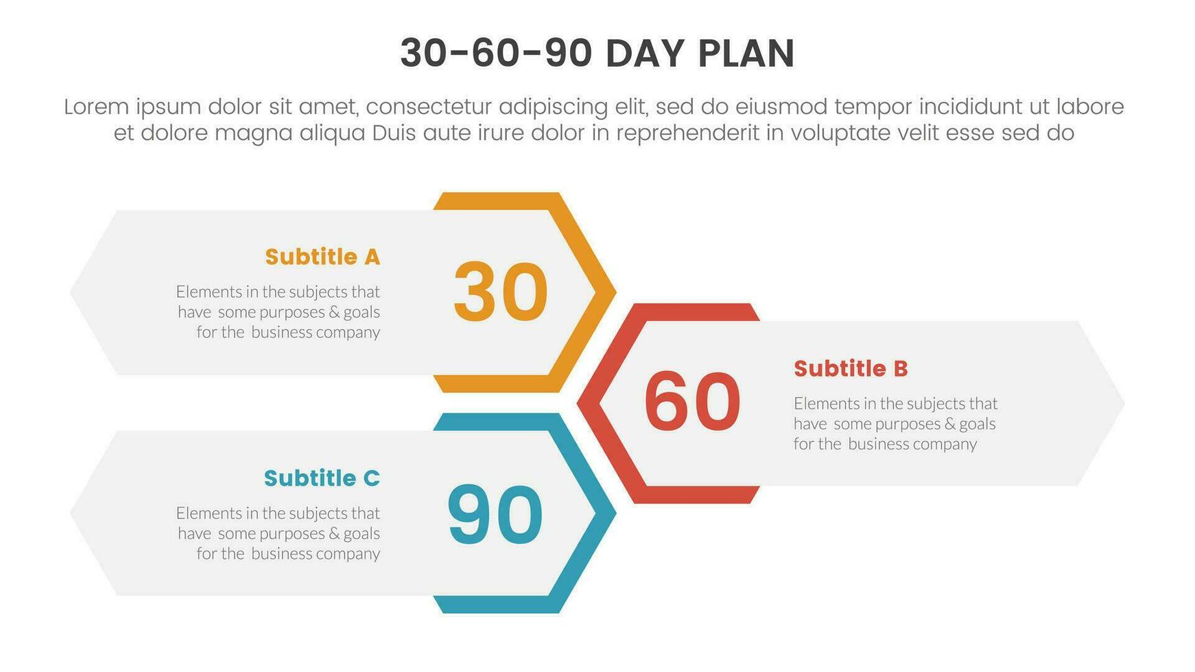 30-60-90 giorno Piano gestione Infografica 3 punto palcoscenico modello con verticale Favo forma disposizione concetto per diapositiva presentazione vettore