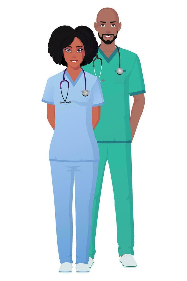 maschio e femmina infermiera, medico personaggio in piedi e indossare scrub vettore