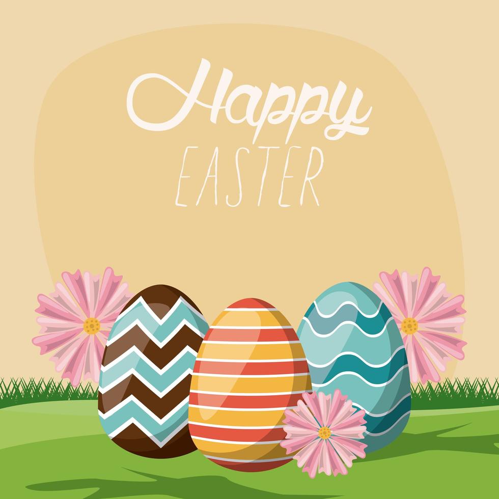 carta di buona Pasqua con scritte e uova dipinte nel campo vettore