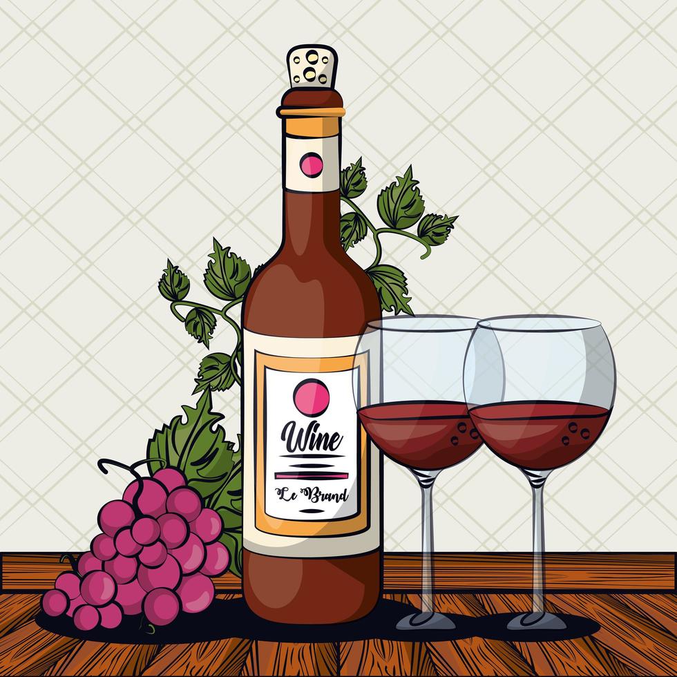 bicchieri di vino e bottiglia con frutti d'uva vettore