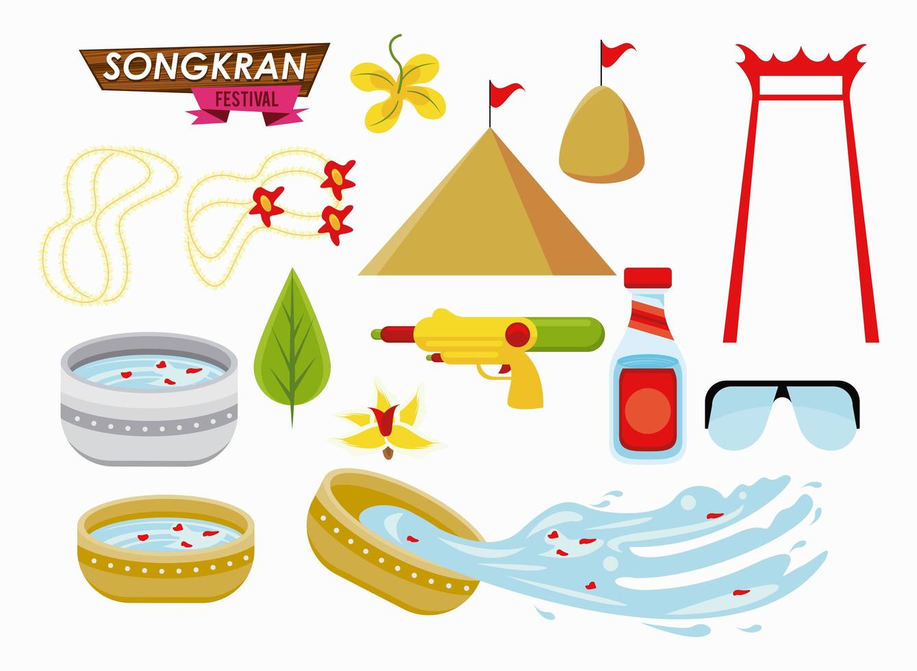 Songkran celebrazione festa imposta icone vettore