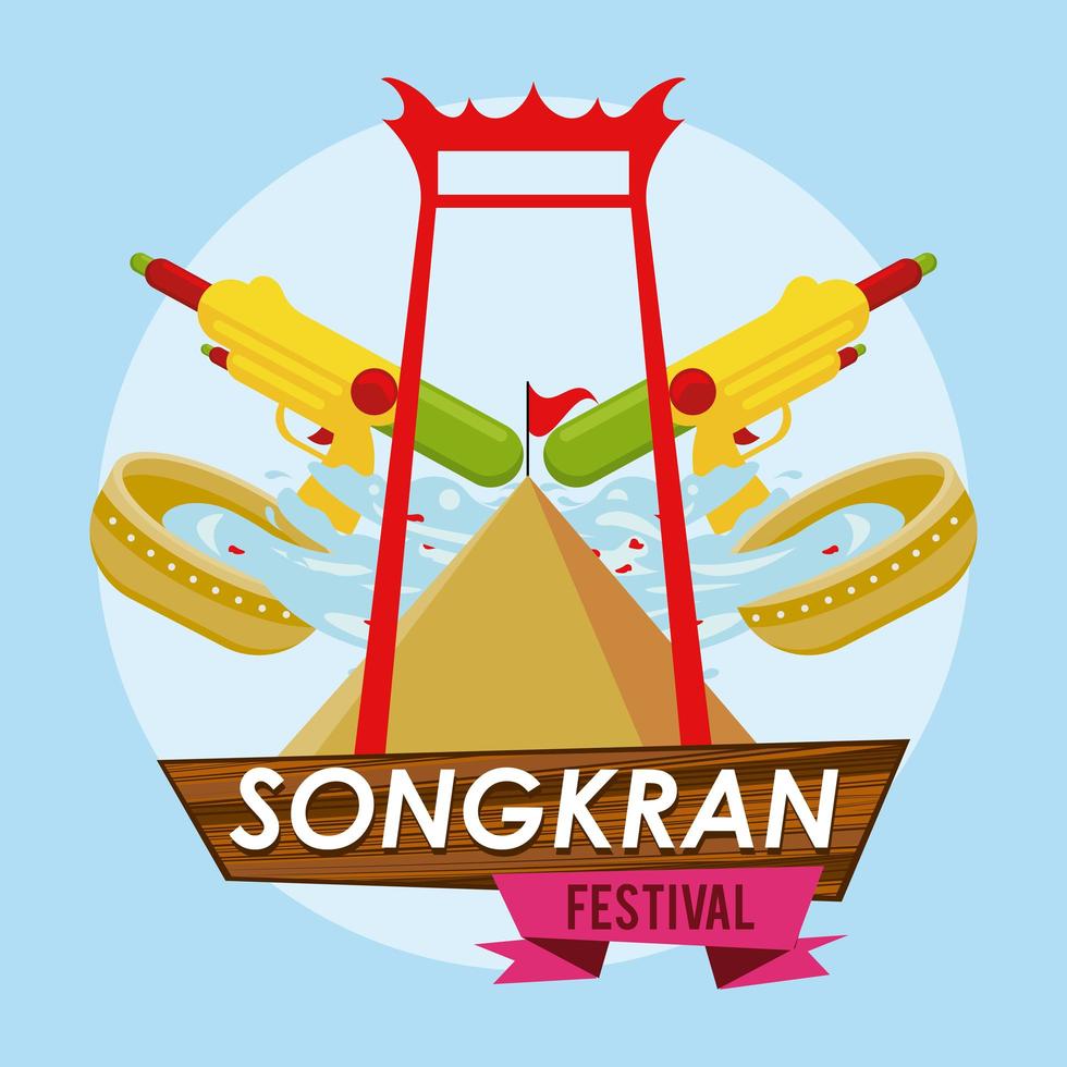 festa di celebrazione di songkran con arco e ciotole d'acqua vettore
