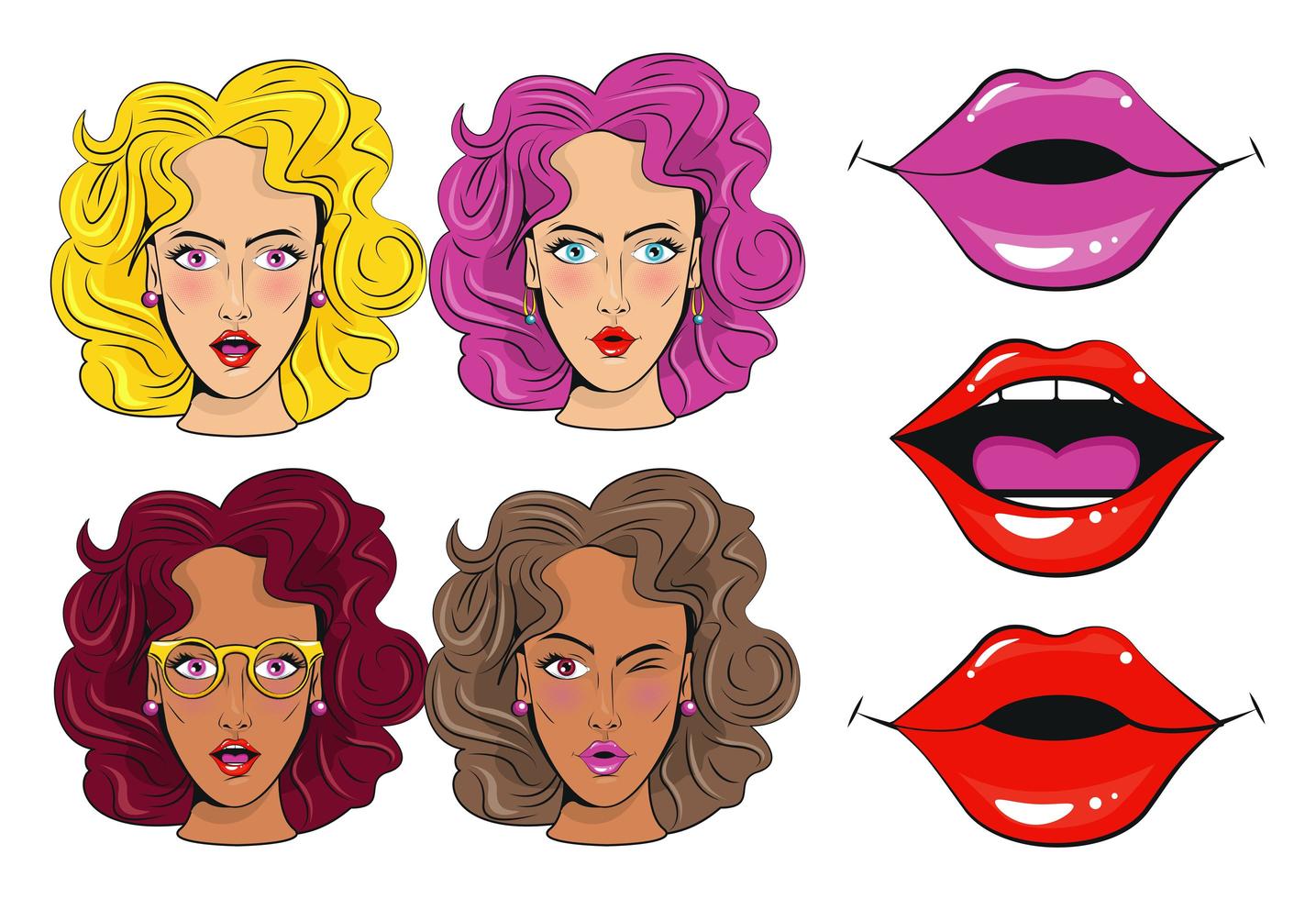 gruppo di personaggi di belle ragazze e bocche sexy poster in stile pop art vettore