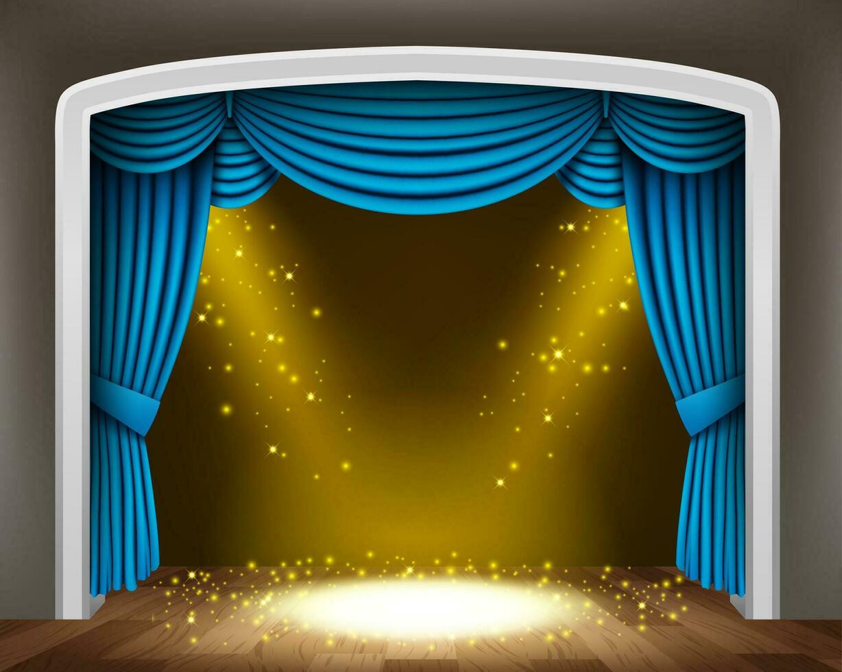 blu tenda di classico Teatro con oro faretti e scintille, vettore illustrazione