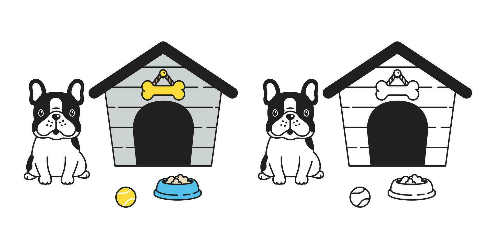 cane vettore francese bulldog Casa ciotola palla cartone animato personaggio icona logo illustrazione