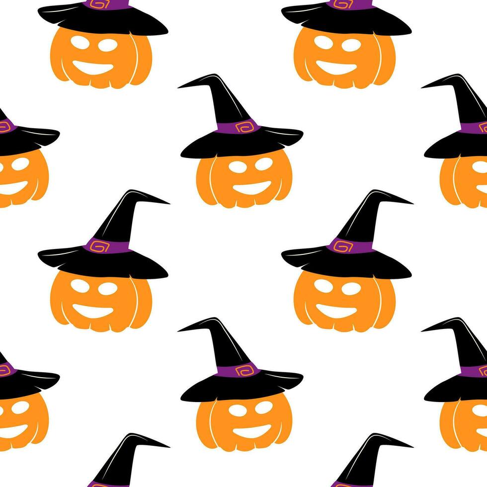 senza soluzione di continuità modello di Halloween zucca nel un' strega cappello con sorridente viso nel di moda sfumature. vettore