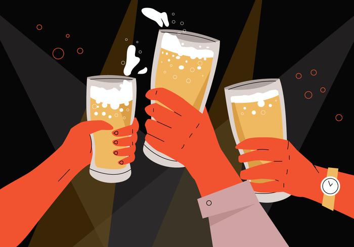 Acclamazioni della birra nei partiti di ufficio e nella raccolta dell'illustrazione piana di vettore